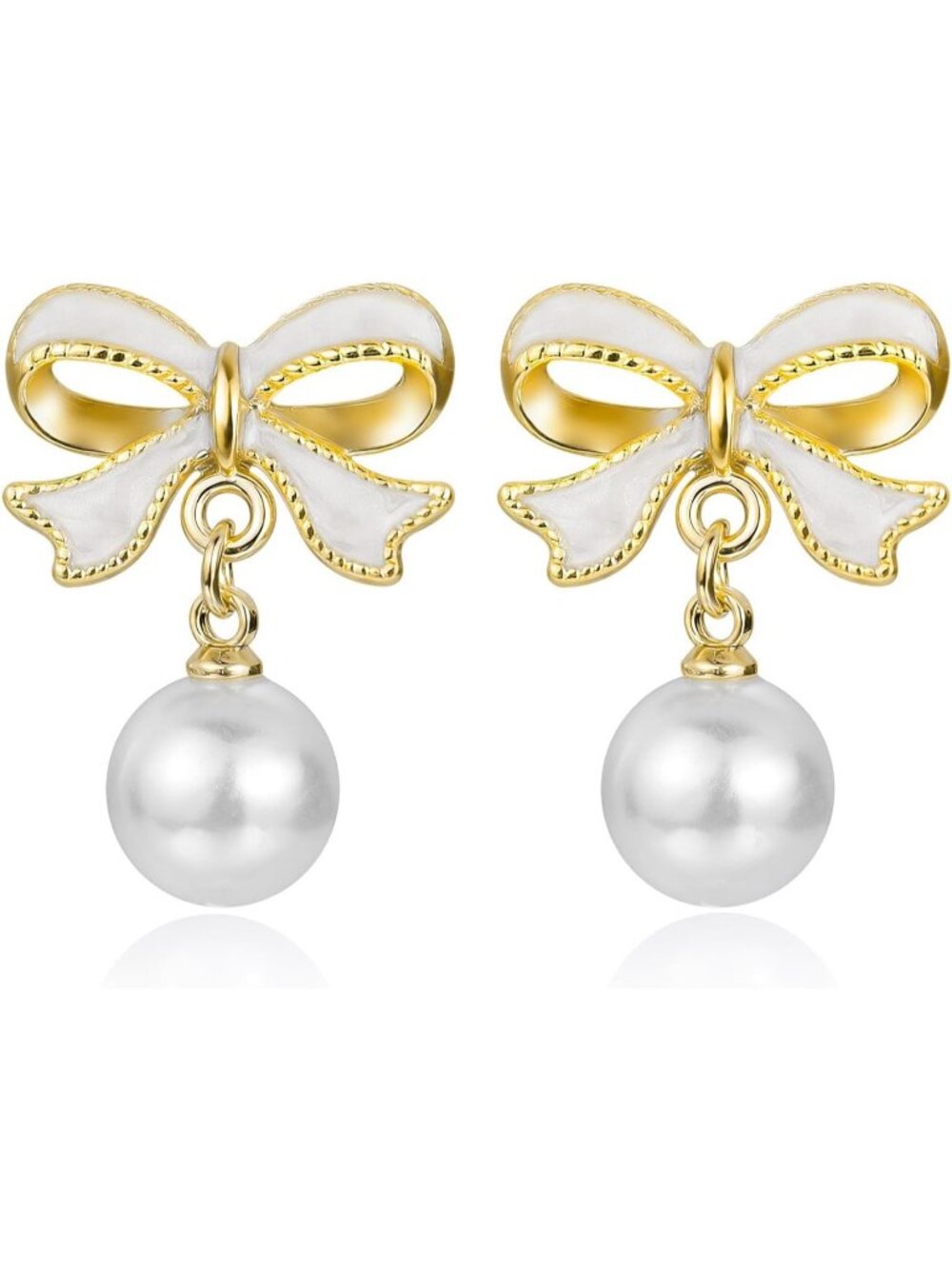 Women's Gold Plated White Enamel Bow Pearl Drop Dangle Earrings Elegant Jewelry